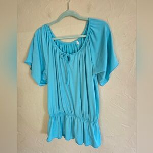 World Brother Fashion Teal Cotton Polyester Elastic waist Shimmery Blouse  sz XL